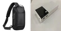 Black 20000mAh portable power bank with plastic shell showing dimensions of 135mm by 60mm