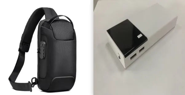Black 20000mAh portable power bank with plastic shell showing dimensions of 135mm by 60mm
