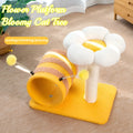 Yellow bee-themed cat climbing frame with sisal scratching posts and fabric tunnel