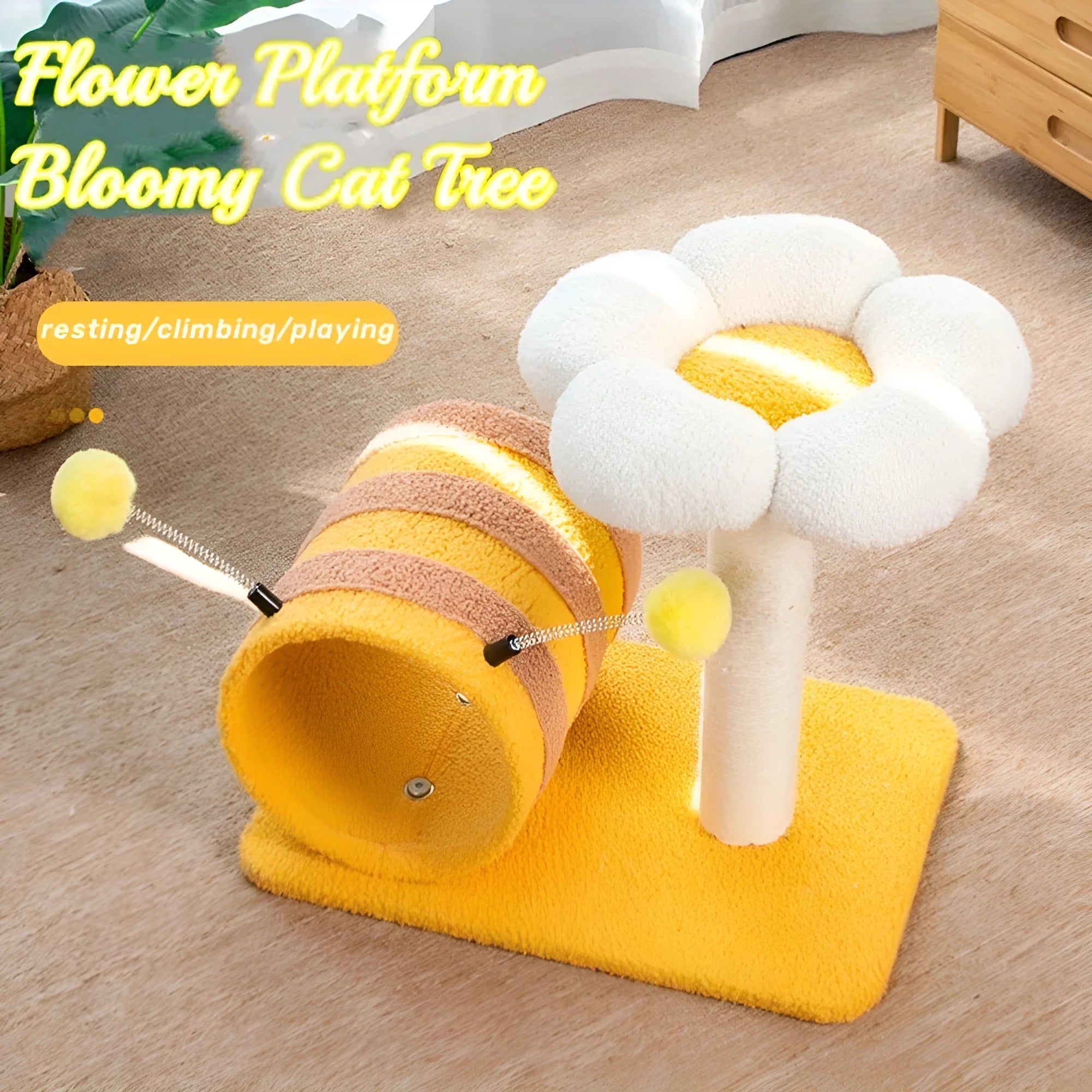 Yellow bee-themed cat climbing frame with sisal scratching posts and fabric tunnel