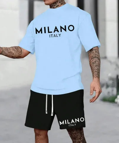 European style short sleeve suit set with round neck top and matching shorts in multiple colours