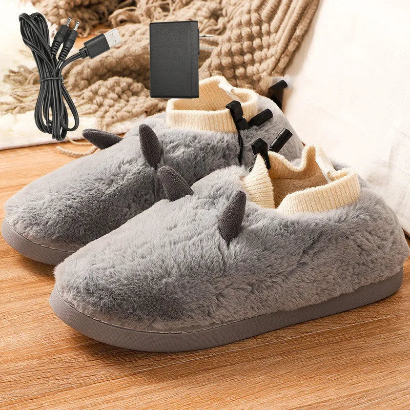 USB electric heating slippers in grey with adjustable temperature control and soft velvet upper.
