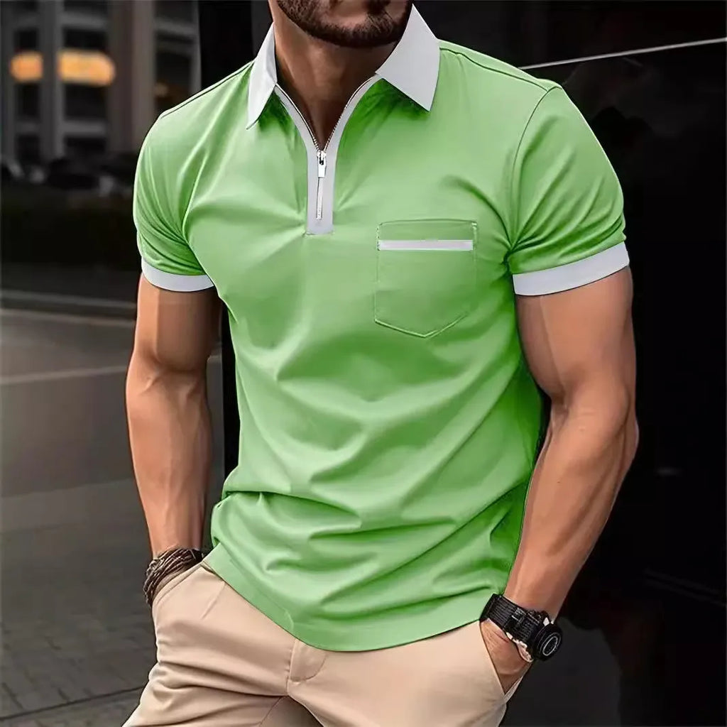 Men's casual short sleeve shirt with chest pocket in a loose fit, shown in a colour with contrasting collar.