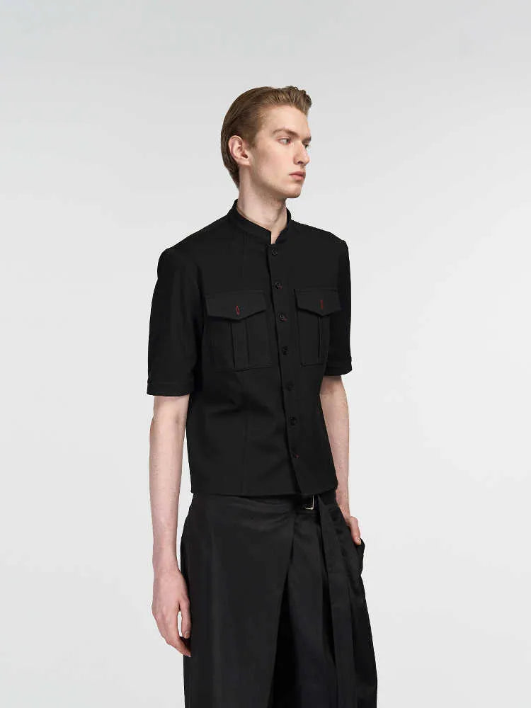 Black handmade hunting shirt with half sleeves and shirt collar, loose fit design for outdoor activities