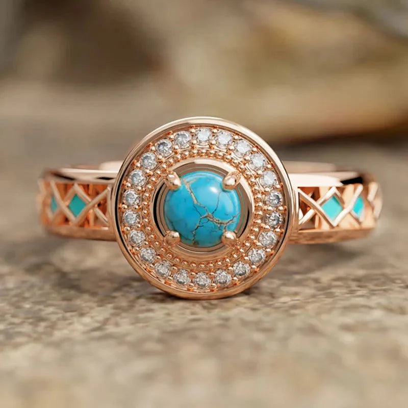 Women's geometric copper ring with turquoise ethnic style oil micro inlaid zircon treatment in rose gold colour