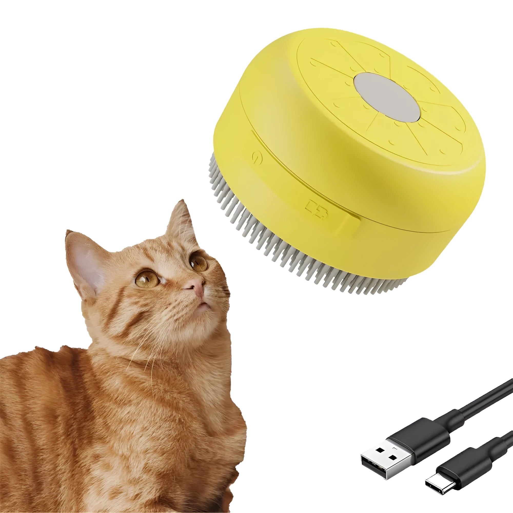 Green and yellow rechargeable steam brush for grooming cats and dogs on a table.