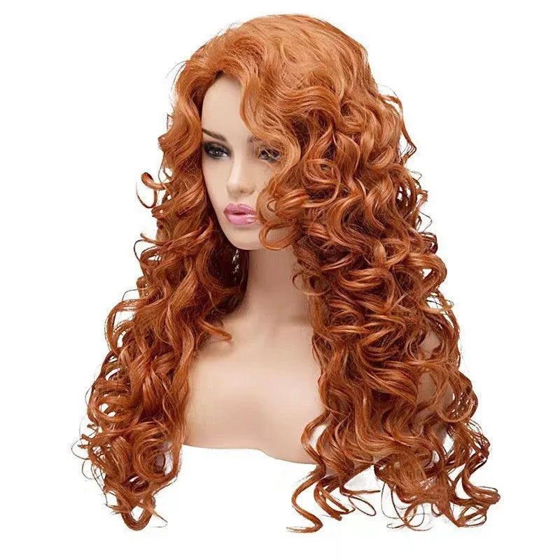 Brown long wavy curly synthetic wig with instant noodles fluffy texture on wig head