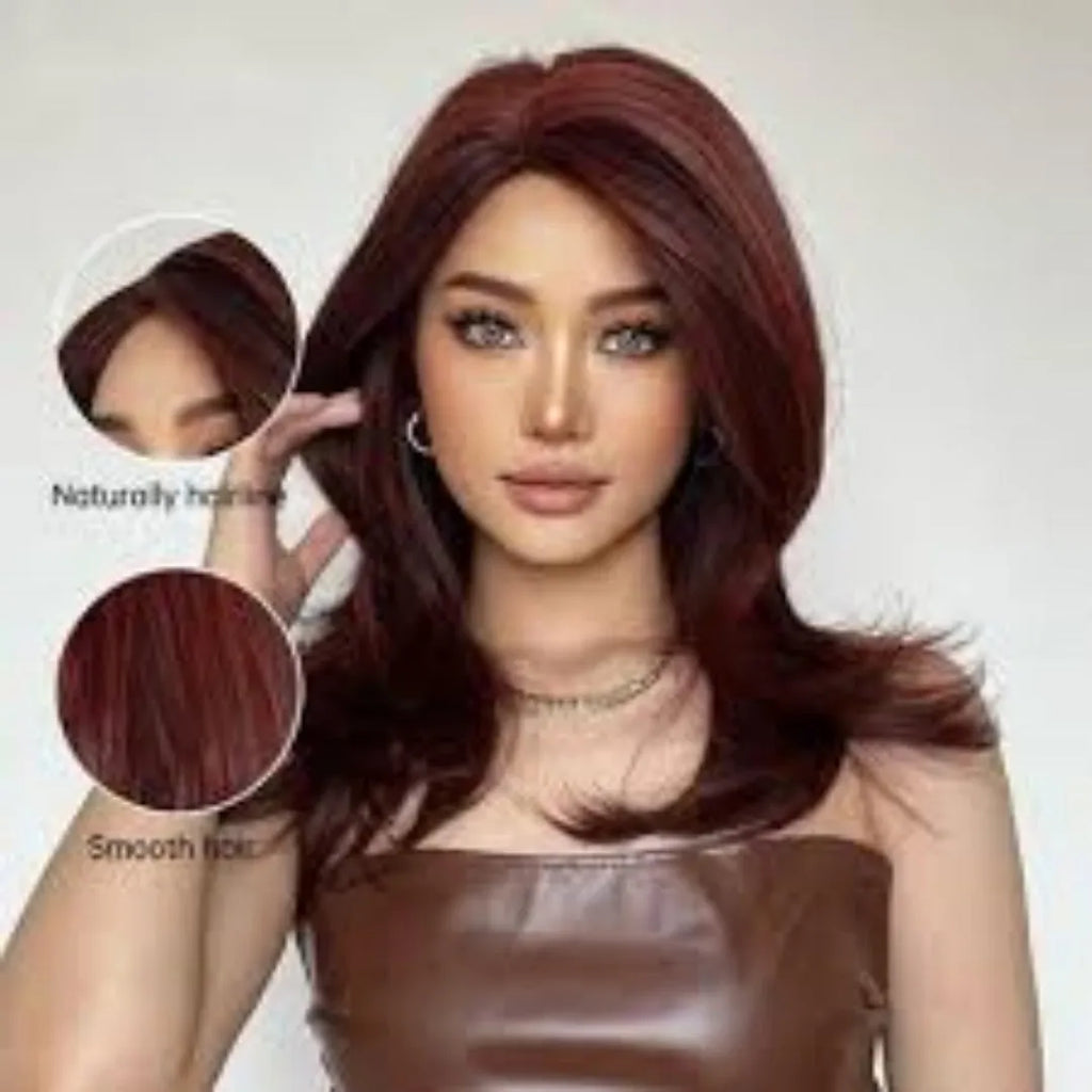 Mid-length curly synthetic wig with long bangs in gradient white gold, wine red, and brown colours