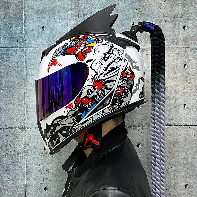 Dirty Braids design full face motorcycle helmet in graphic style like Blue Diamond on ABS shell.