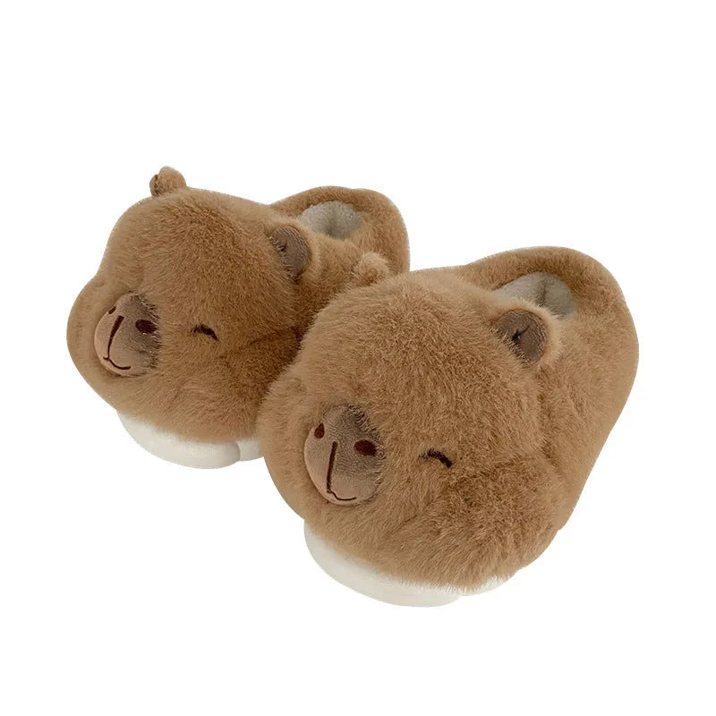 Light brown cartoon pattern women's winter slippers with plush cotton upper and artificial wool lining