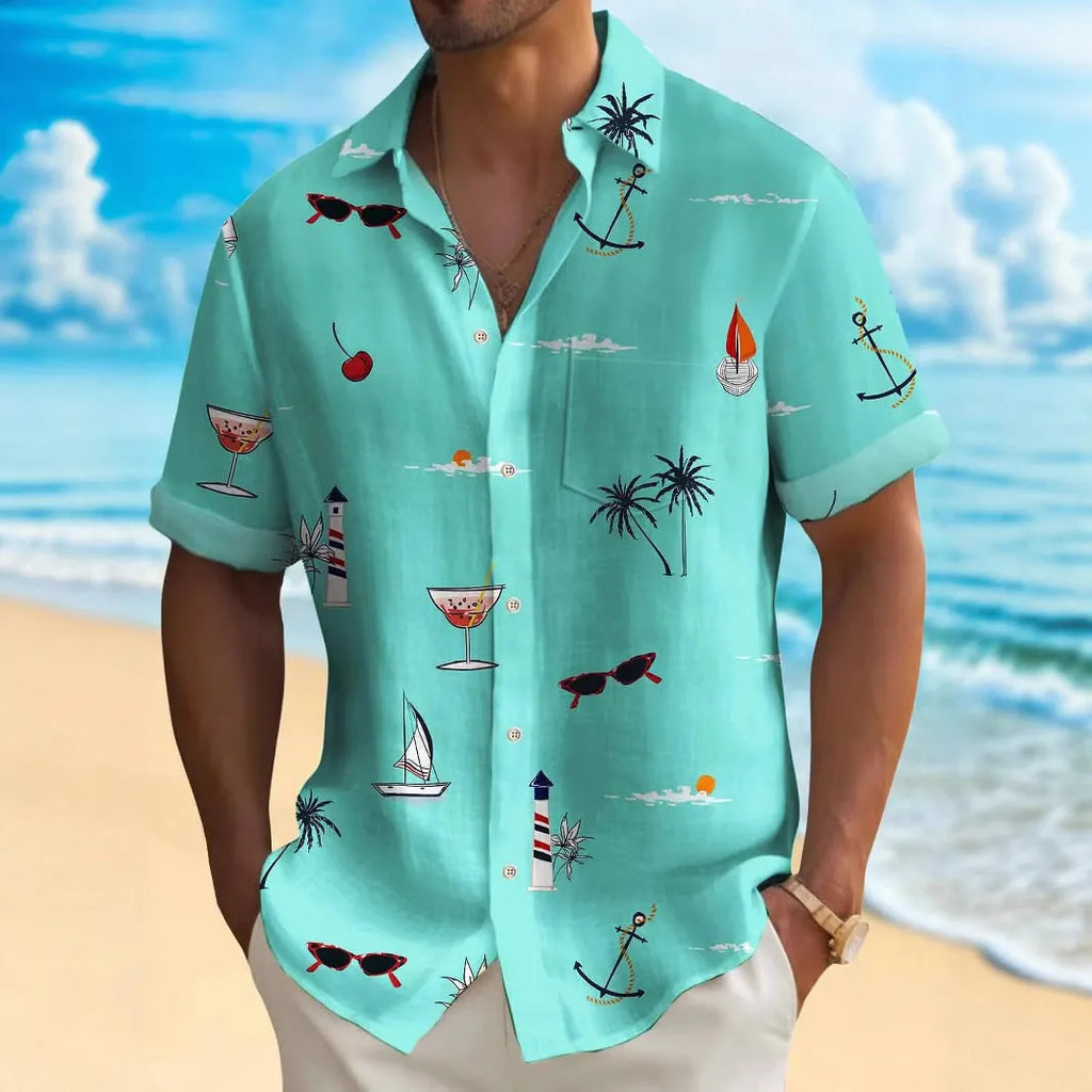 Men's loose fit Hawaiian shirt with digital printed pattern, short sleeves, available in multiple colours