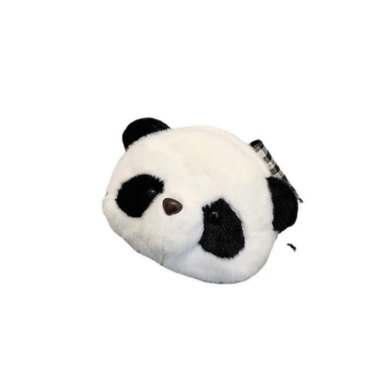 Plush panda head crossbody bag showing cylindrical shape and sandwich pocket organisation