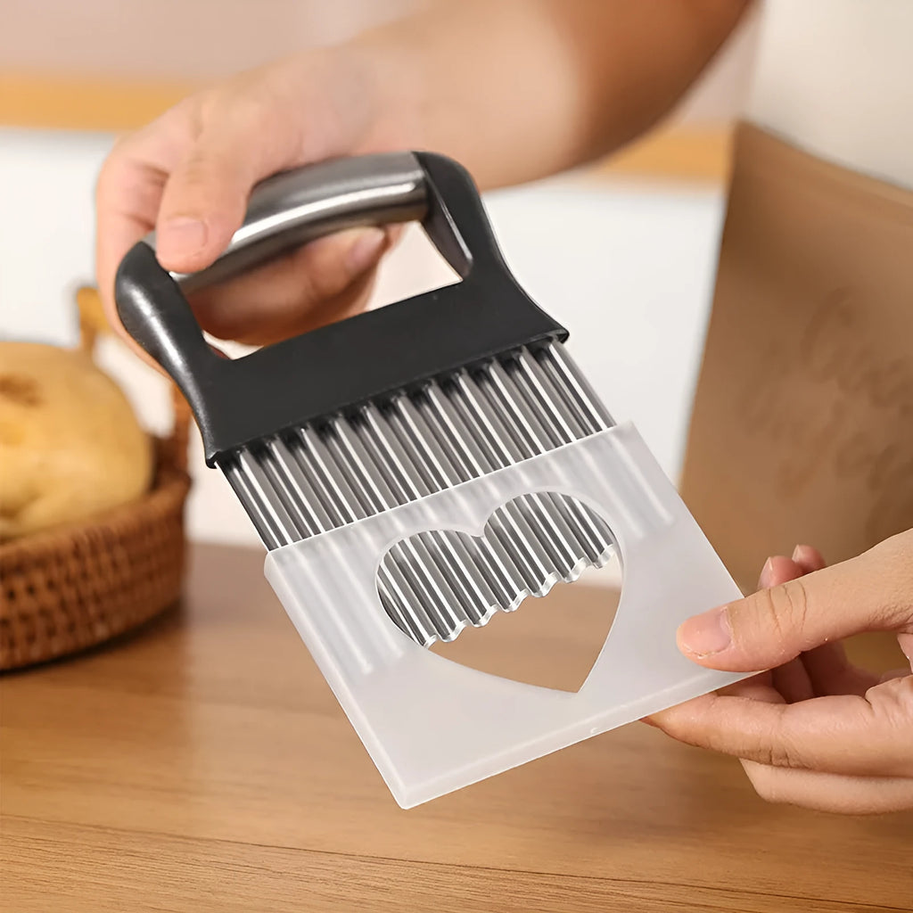 Stainless steel potato wave knife for cutting crinkle chips, shown in black and white.