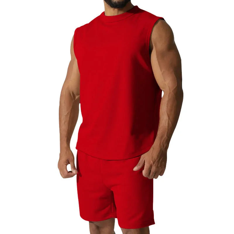 Men's sleeveless top and shorts cotton blend sports suit set in multiple solid colours