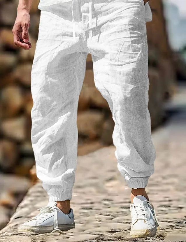 Men's straight leg linen trousers with elastic waistband in seven colour options