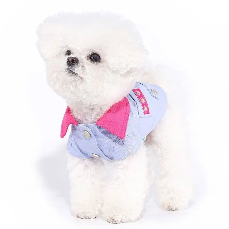 Blue polyester dog vest with front traction ring for small dogs in summer
