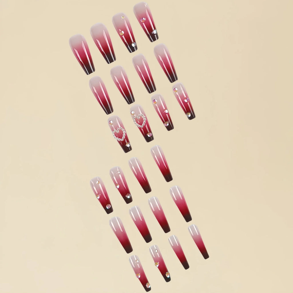 Wine red gradient false nail tips with heart and pearl pattern in long ballet style