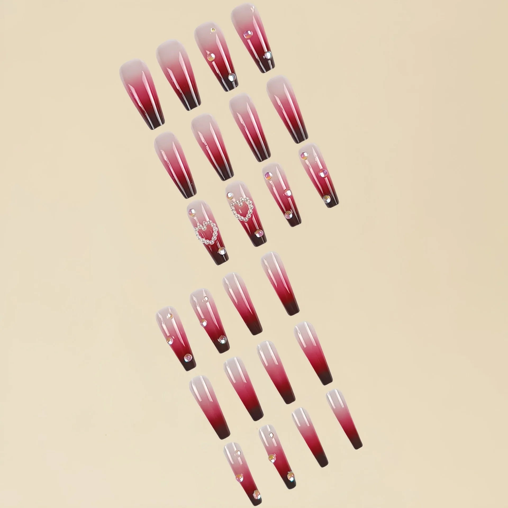 Wine red gradient false nail tips with heart and pearl pattern in long ballet style