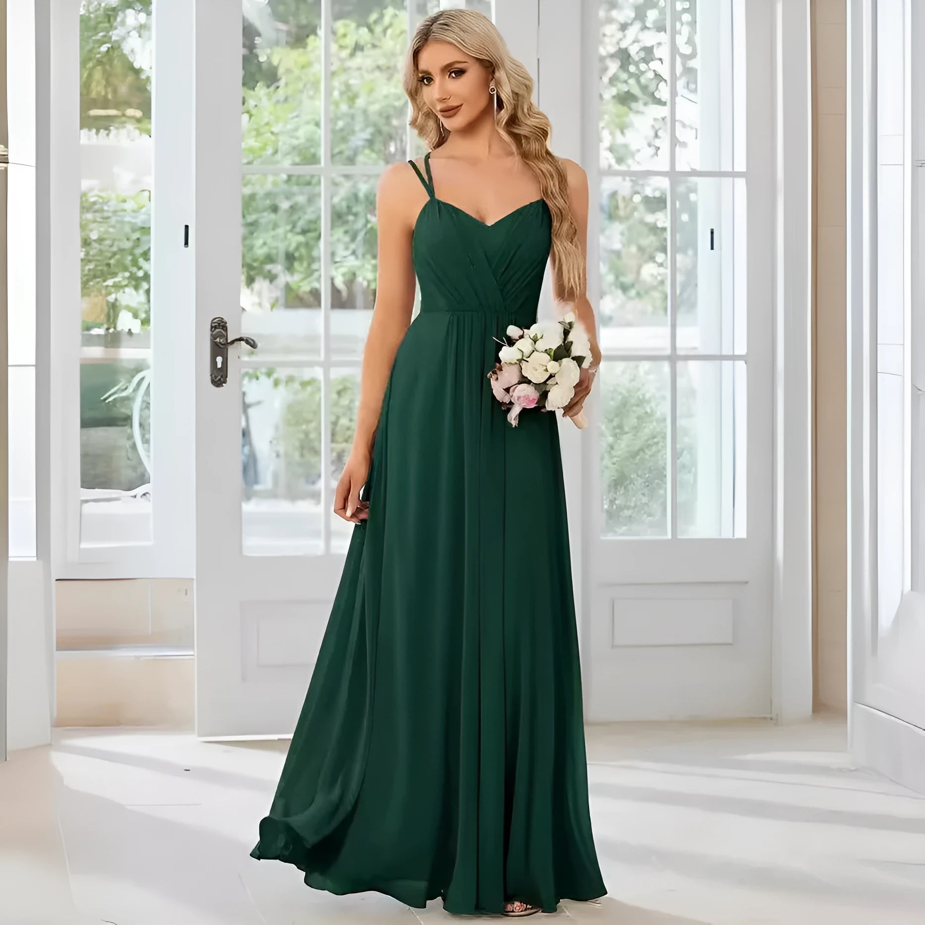 Women's light green sleeveless dress with sling neckline and long pleated A-line skirt.