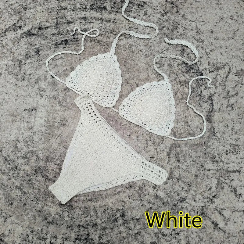3-piece crochet bikini swimsuit set with matching beach skirt in solid colour