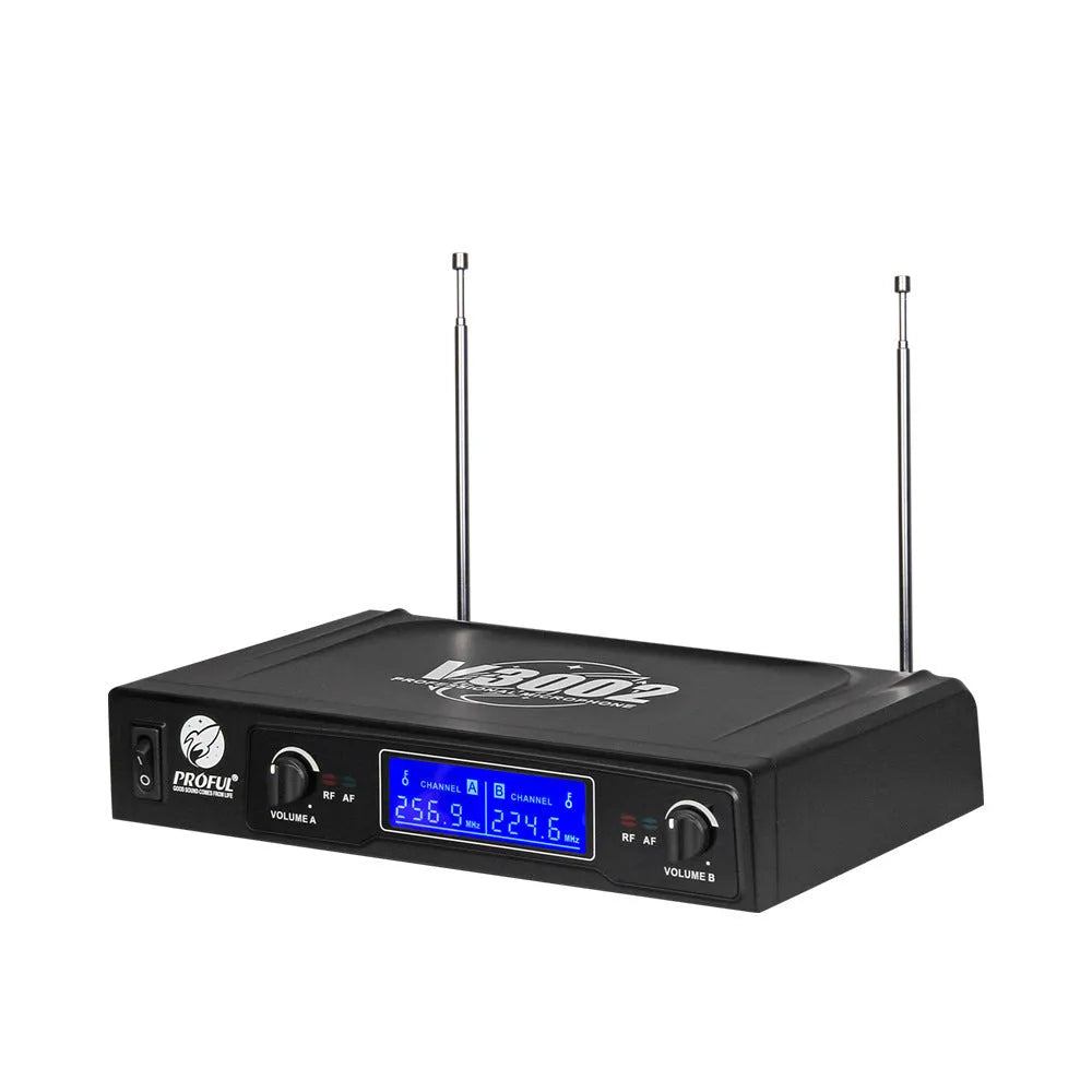 V-3002 wireless microphone system with two black handheld microphones and transmitter unit