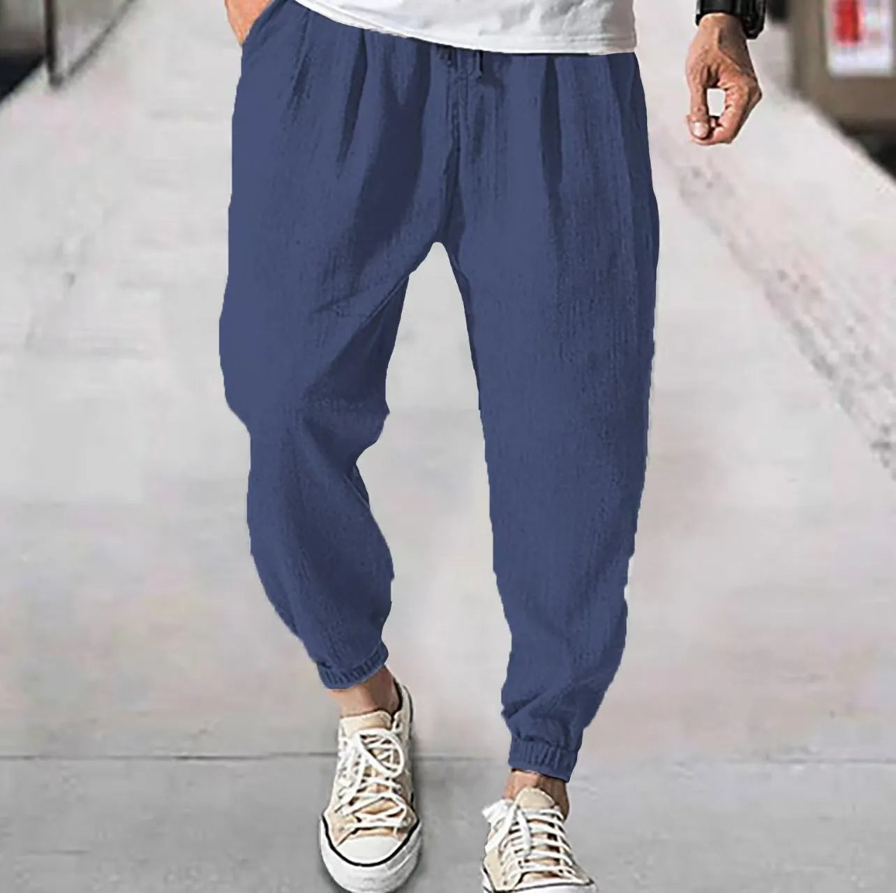 Men's loose cotton ankle pants with elasticated bands in light green colour