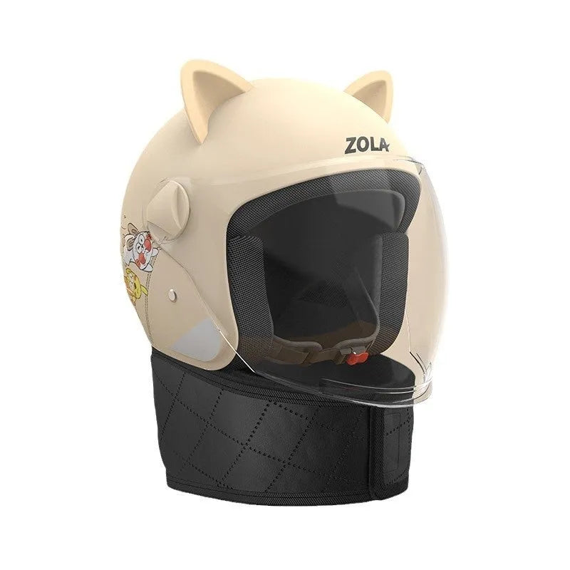Adult electric bicycle helmet with attached winter scarf and anti-fog visor in blue colour
