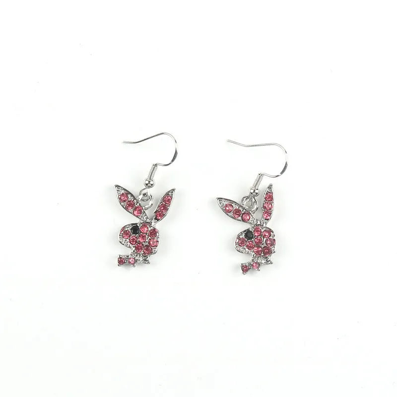 Cute rabbit-shaped stud earrings with diamond detail in silver, pink, or gold colour.