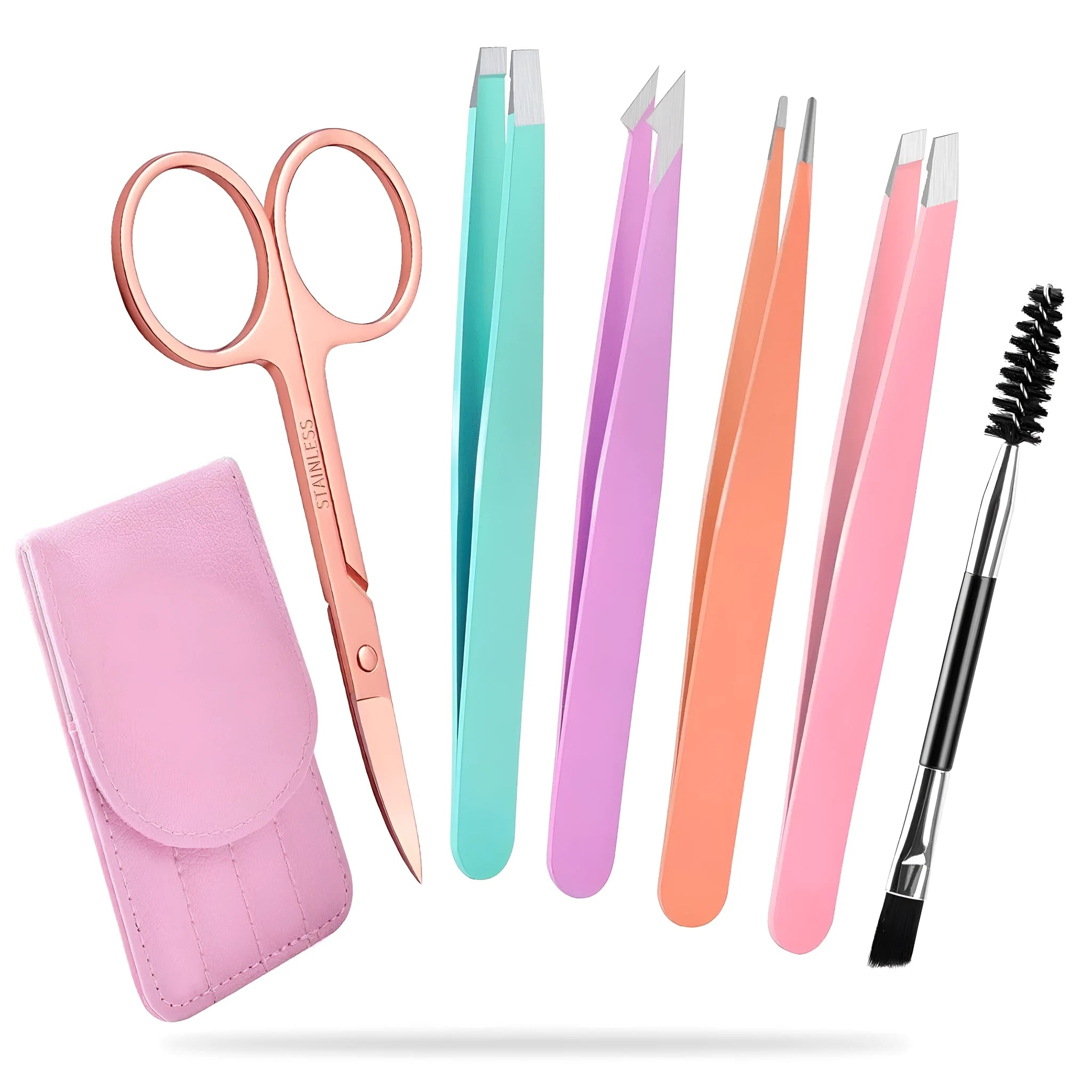 Six-piece stainless steel eyebrow tweezers set with scissors, brush, and leather case