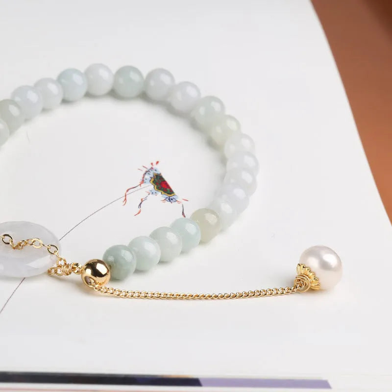 Emerald jade and pearl bracelet with peace symbol buckle on adjustable 20-22cm band