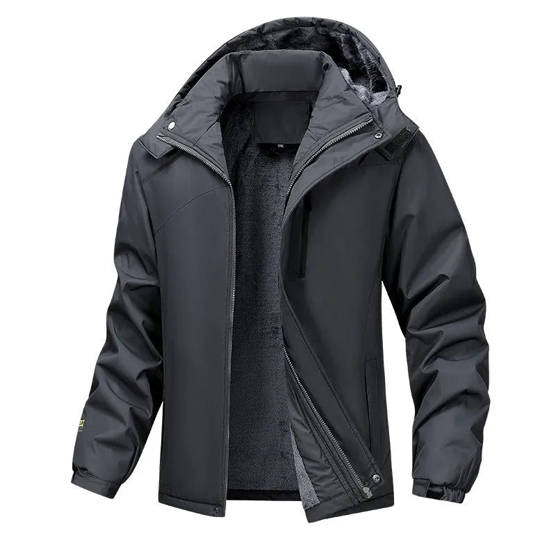 Plus-size men's hooded waterproof coat in Army Green colour showing loose fit and functional design.