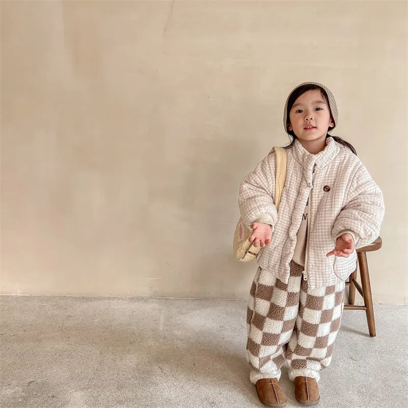 Fleece-lined plaid cotton-padded coat for children, beige, suitable height 100cm, cardigan style