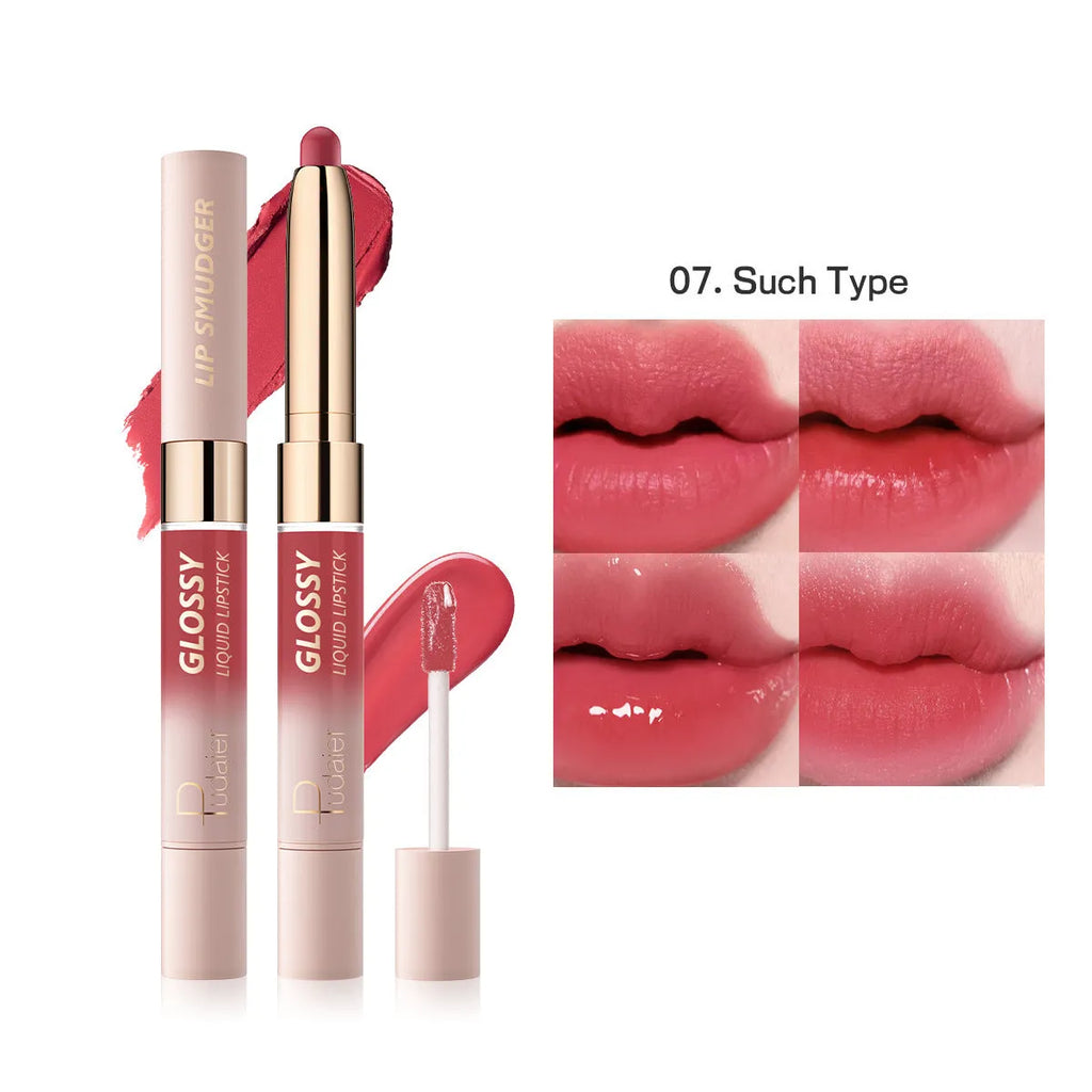 Double-headed lipstick showing matte bullet on one end and gloss applicator on the other in one of 10 available colours