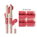 Double-headed lipstick showing matte bullet on one end and gloss applicator on the other in one of 10 available colours