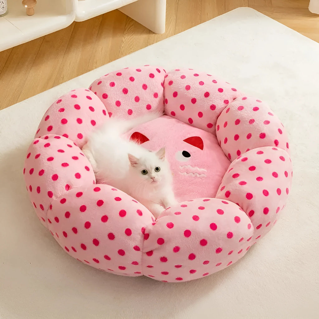 Pink dotted fabric round cat bed in 45cm or 65cm diameter for pets up to 20 pounds