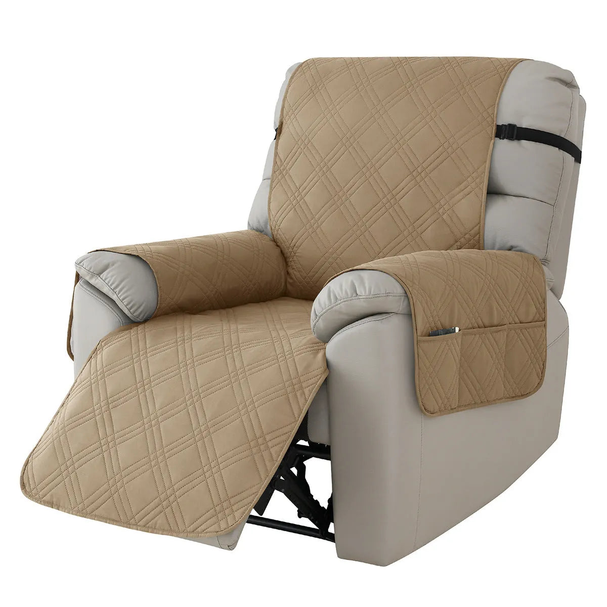 Quilted three-line sofa cover for a Chivas massage chair in peacock blue, showing stretch fit and textured pattern.
