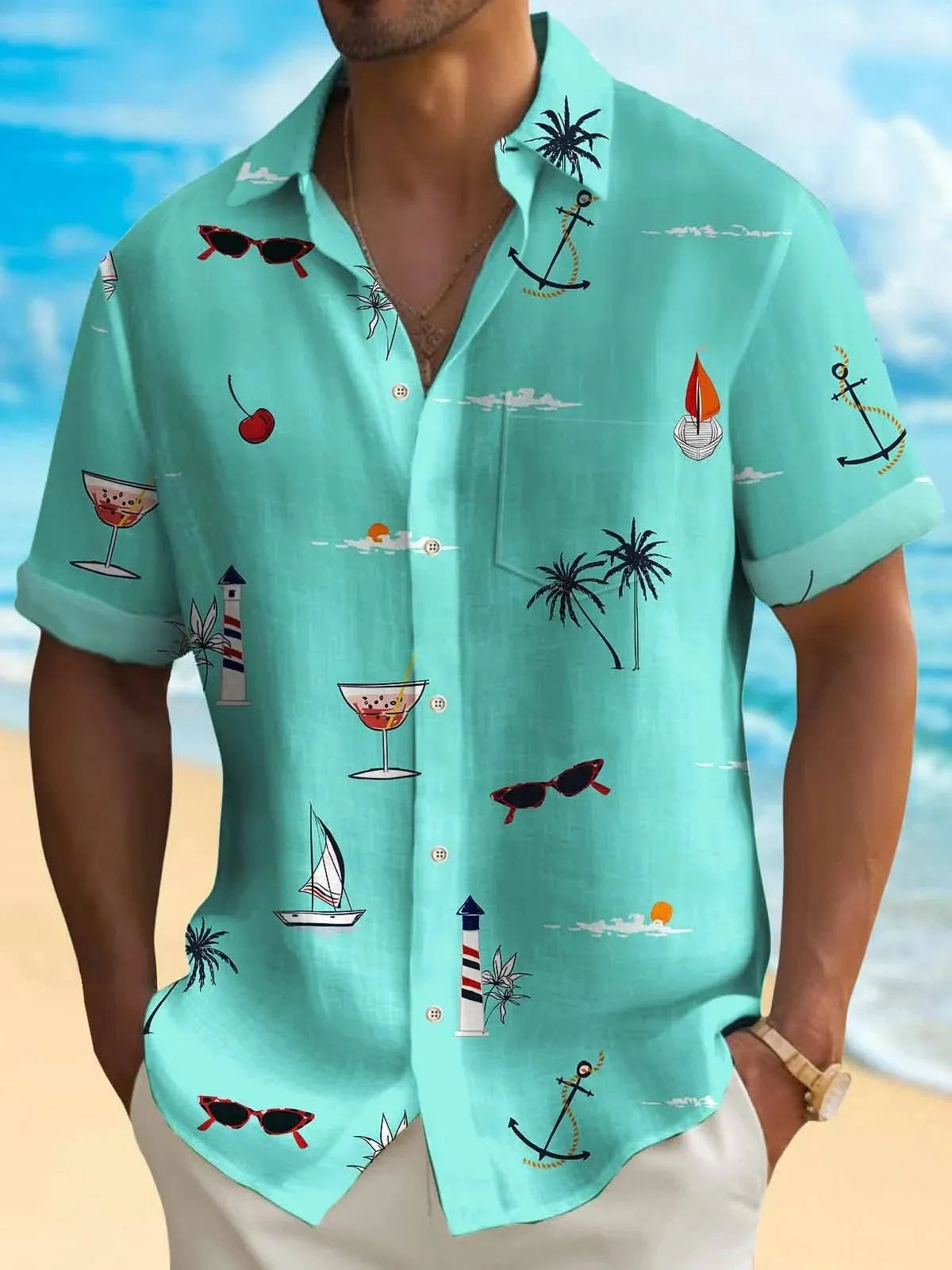 Men's loose fit Hawaiian shirt with digital printed pattern, short sleeves, available in multiple colours
