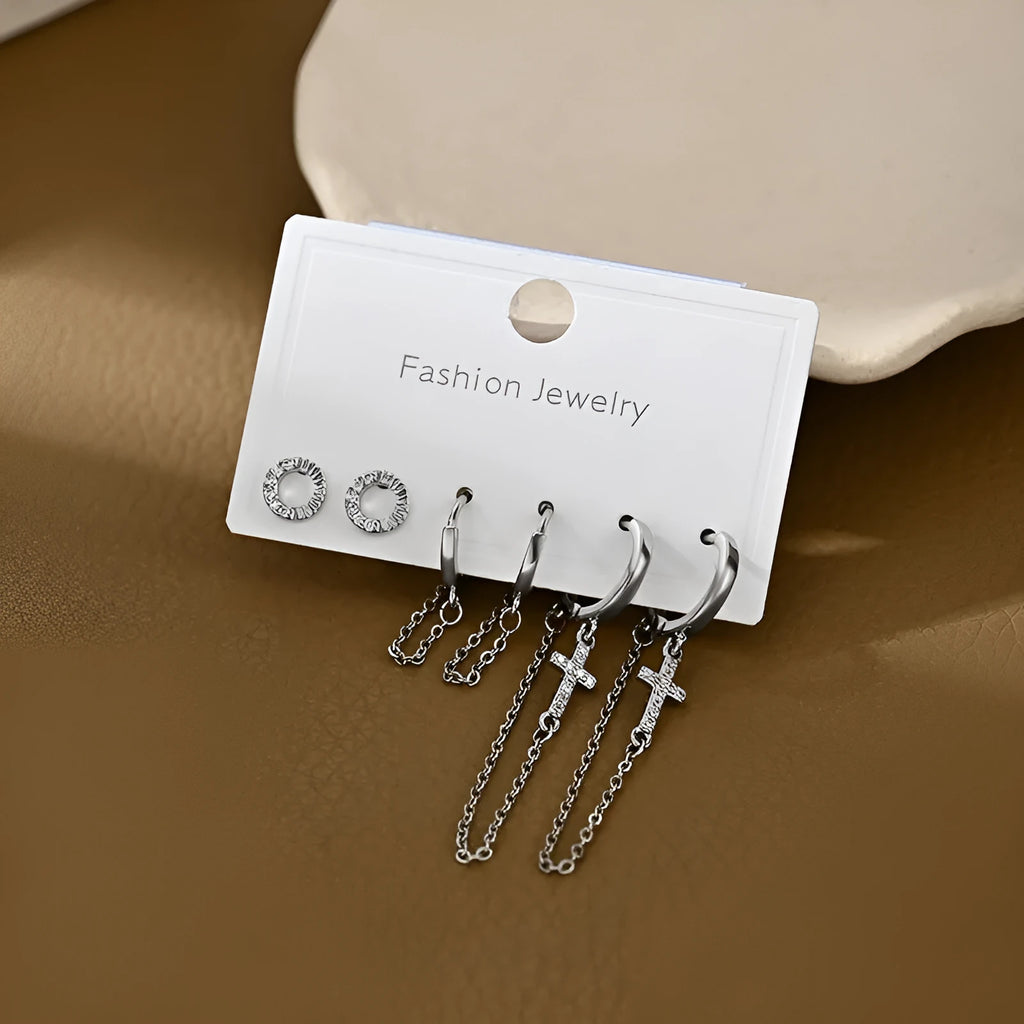 One Card Three Pairs Set Earrings for Women - Gold and Silver Copper Geometric Irregular Cross Ear Rings