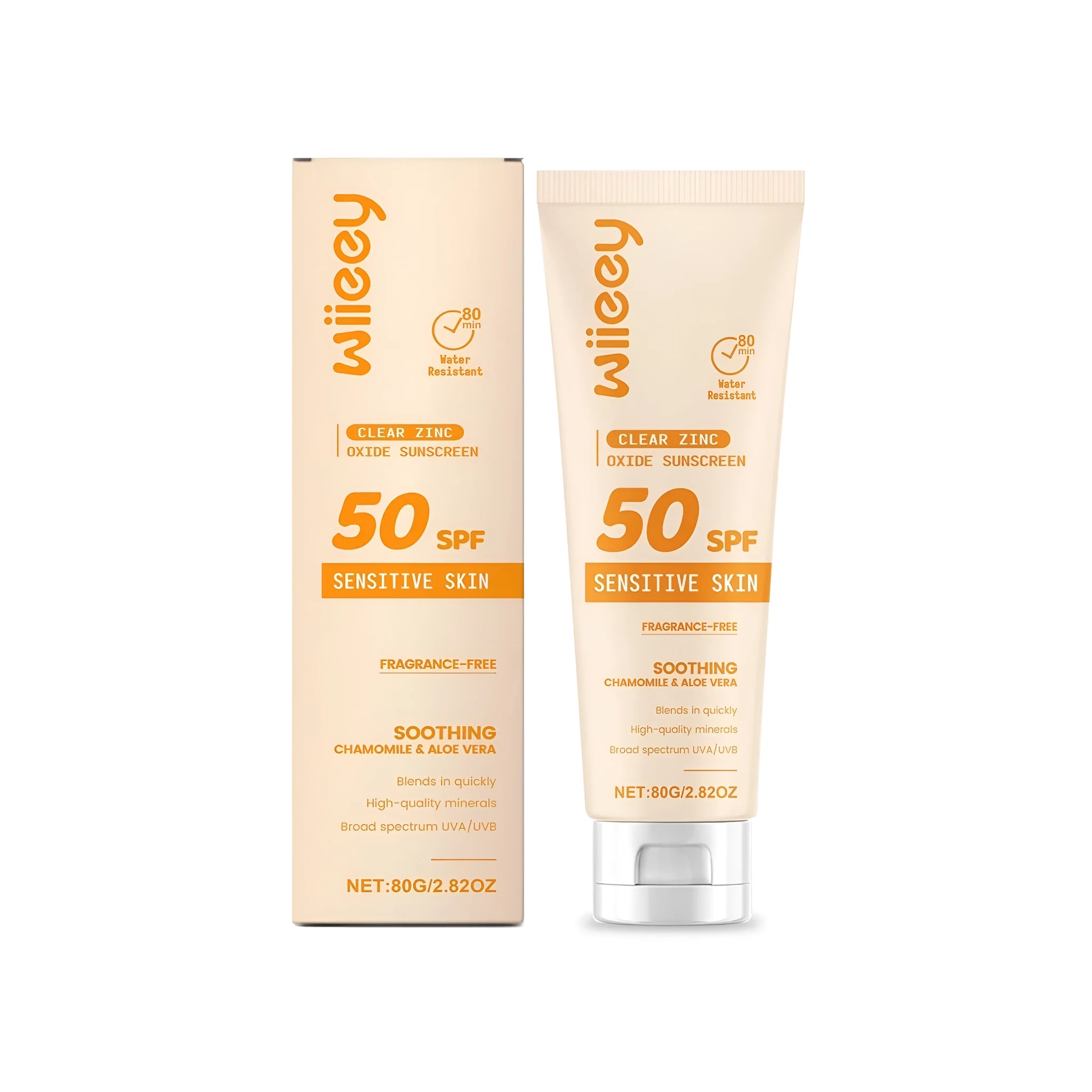 Clear Zinc Oxide Sunscreen 80g tube with mineral UV protection ingredients.
