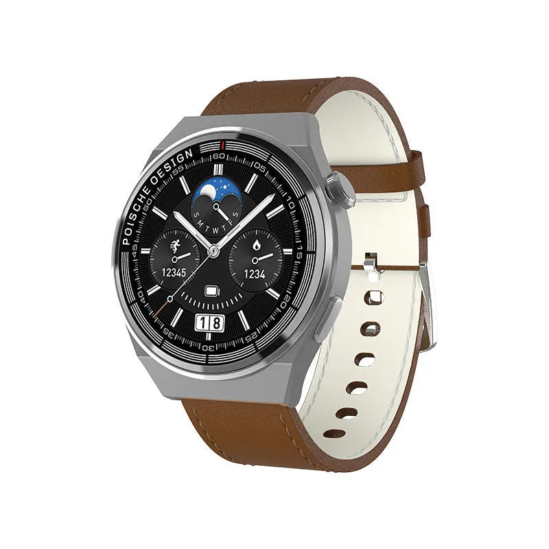 Smartwatch with circular screen on a leather strap, showing NFC payment and calling interface