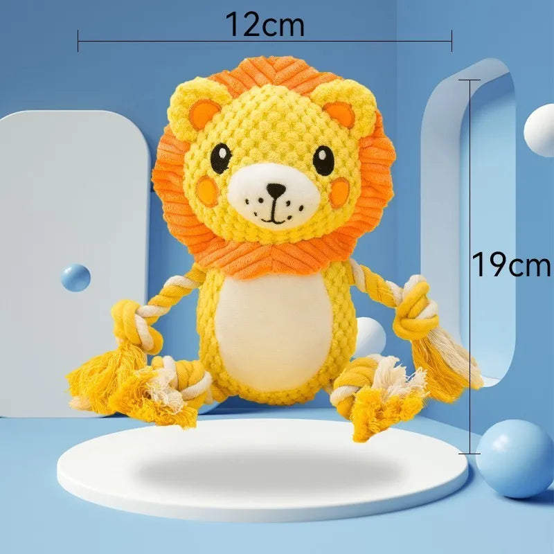 Lion and monkey plush squeaky dog toys side by side showing size difference