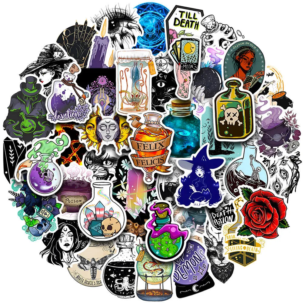 Assorted waterproof PVC stickers in sizes from 3cm to 8cm for laptops and skateboards.