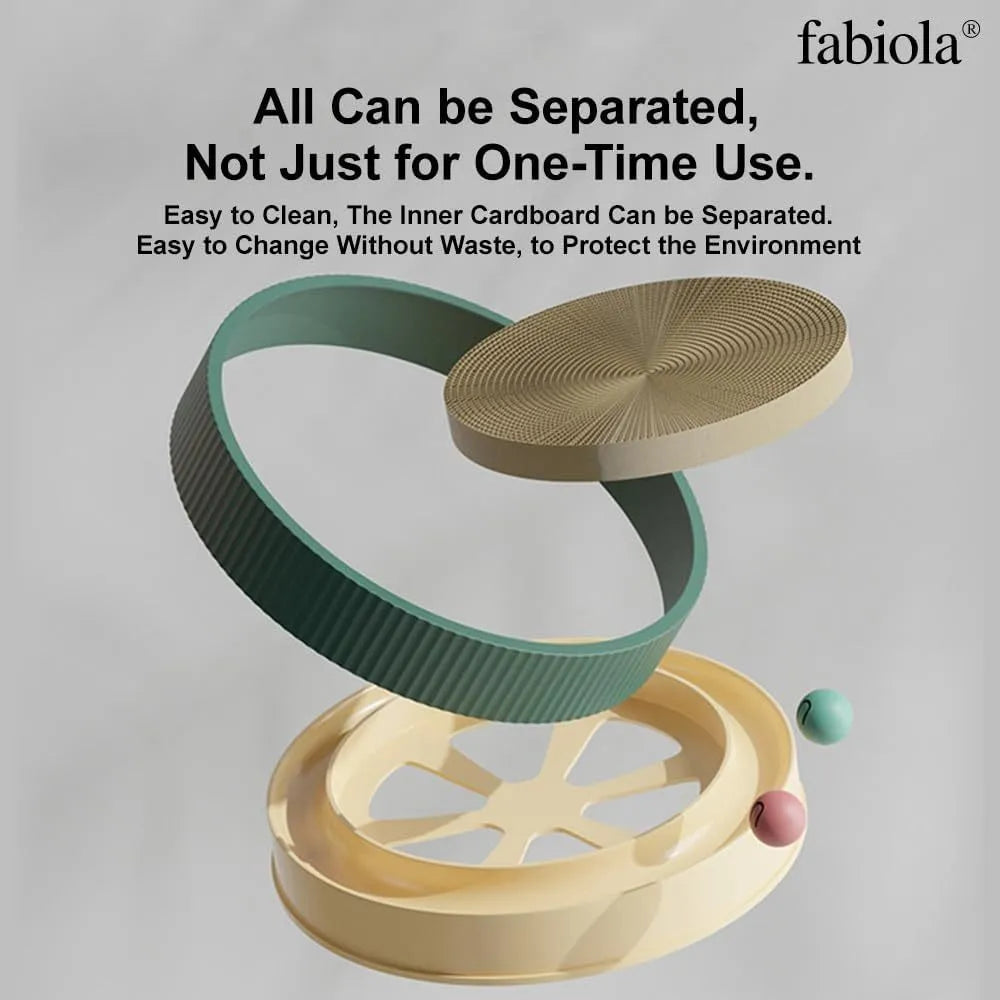 Large circular cat scratching board with green replaceable core and interactive bell toys