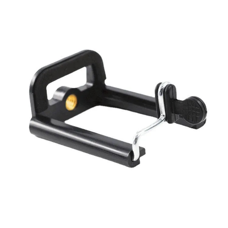 Black U clip plastic mobile phone holder bracket attached to a pole with a phone secured in the adjustable grip.