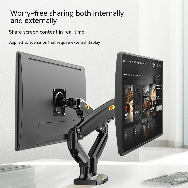 Dual monitor desk clamp bracket showing VESA mounting arms and height adjustment mechanism.