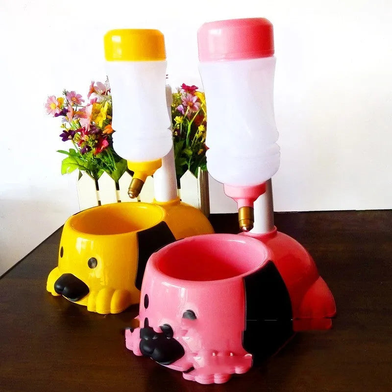 Adjustable plastic pet drinking bowl in pink, blue, or yellow with height adjustment up to 42cm.