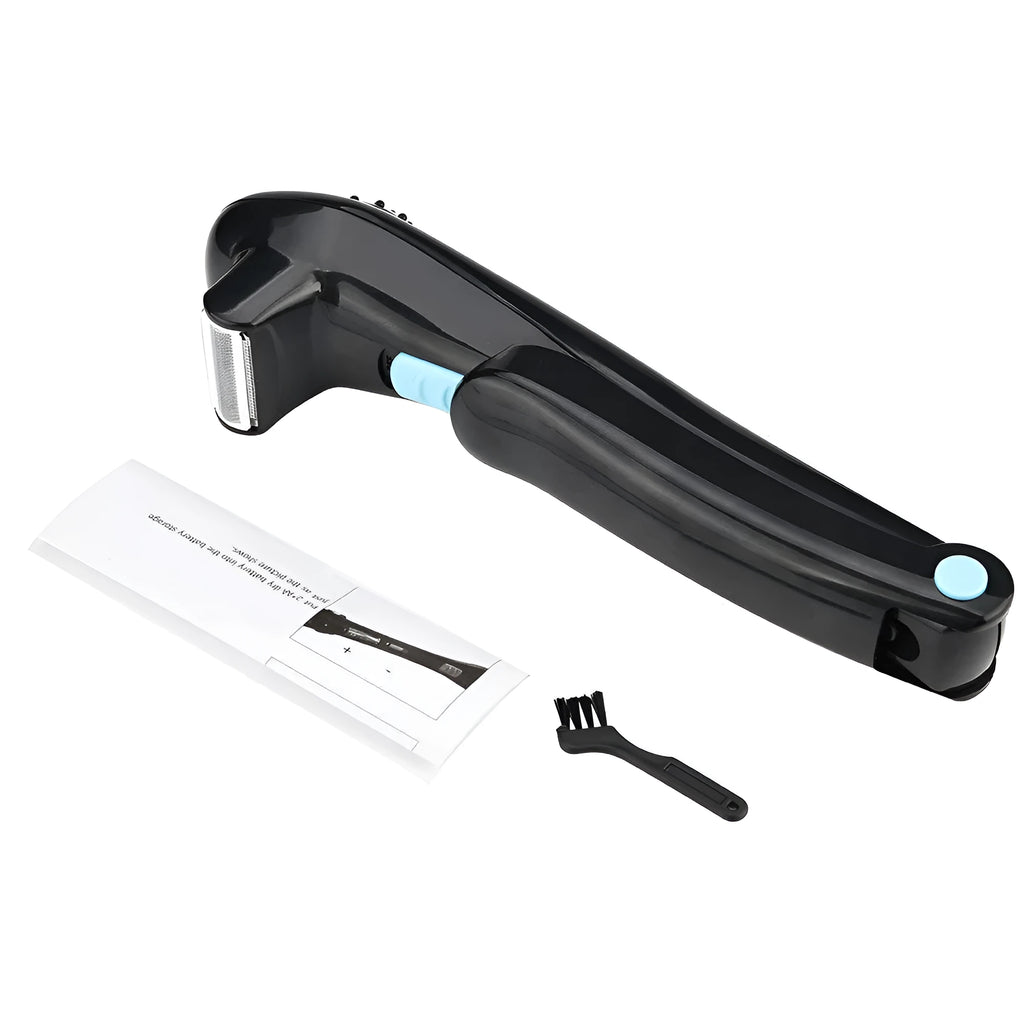 Black folding electric body hair shaver on a white background.