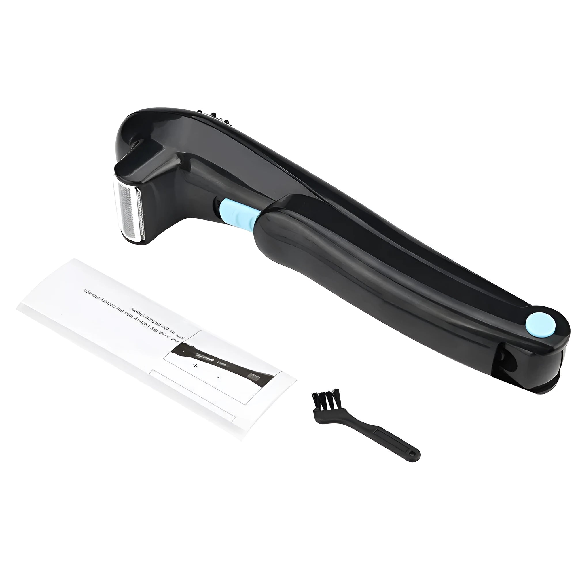 Black folding electric body hair shaver on a white background.