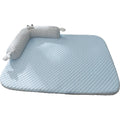 Blue pet cooling bed with large-eye monster design on non-slip polyester mat for dogs and cats