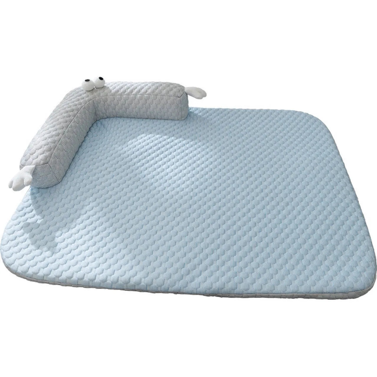 Blue pet cooling bed with large-eye monster design on non-slip polyester mat for dogs and cats